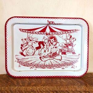 Mid-Century merry-go-round circus red & white metal lap tray La Vada